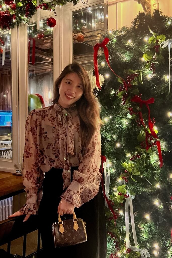 Floral Tie-Neck Blouse + Black Skirt + Mini Monogram Handbag