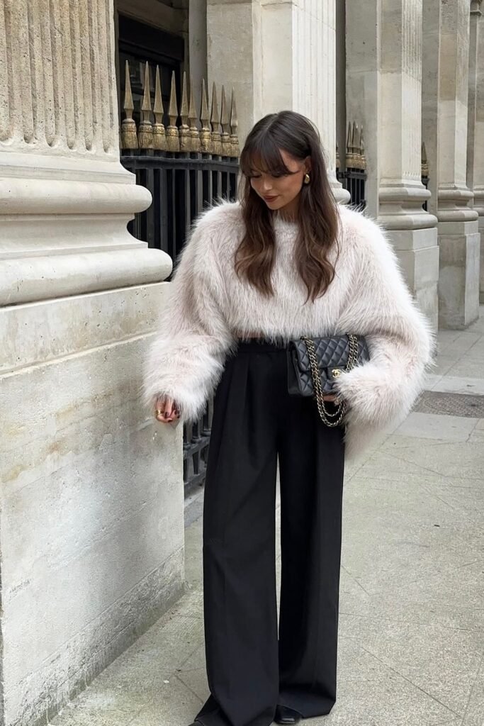 Fluffy Pale Pink Sweater + Black Wide-Leg Trousers + Black Quilted Crossbody Bag