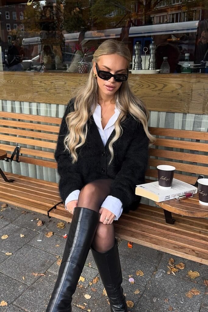 Fuzzy Black Cardigan + White Button-Down Shirt + Sheer Black Tights + Black Knee-High Boots