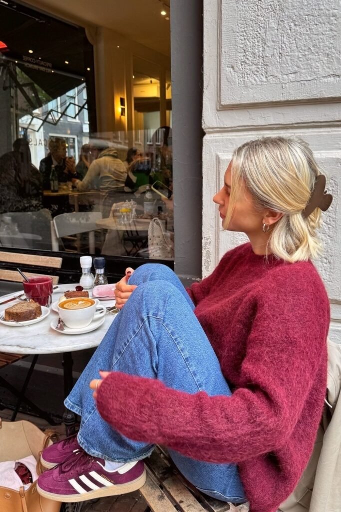 Fuzzy Burgundy Sweater + Medium Wash Jeans + Burgundy Adidas Gazelle Sneakers