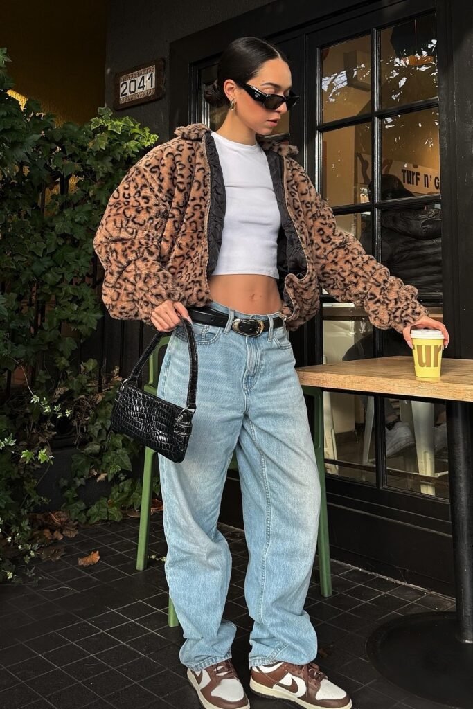 Fuzzy Leopard Print Bomber Jacket + Light Wash Baggy Jeans + White Ribbed Crop Top