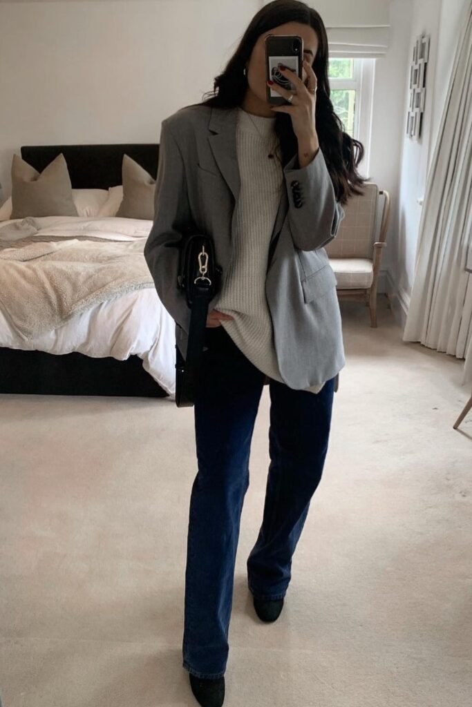 Gray Blazer + White Chunky Knit Sweater + Dark Blue Wide-Leg Jeans + Black Ankle Boots