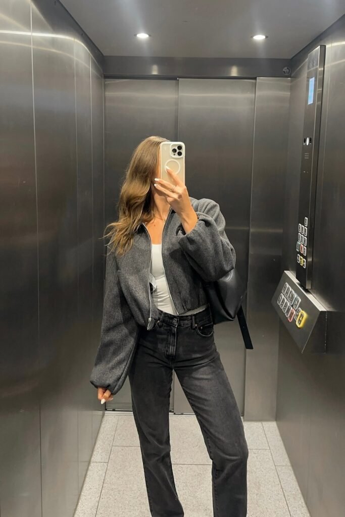 Gray Cropped Bomber Jacket + White Tank Top + Charcoal Gray Straight-Leg Jeans