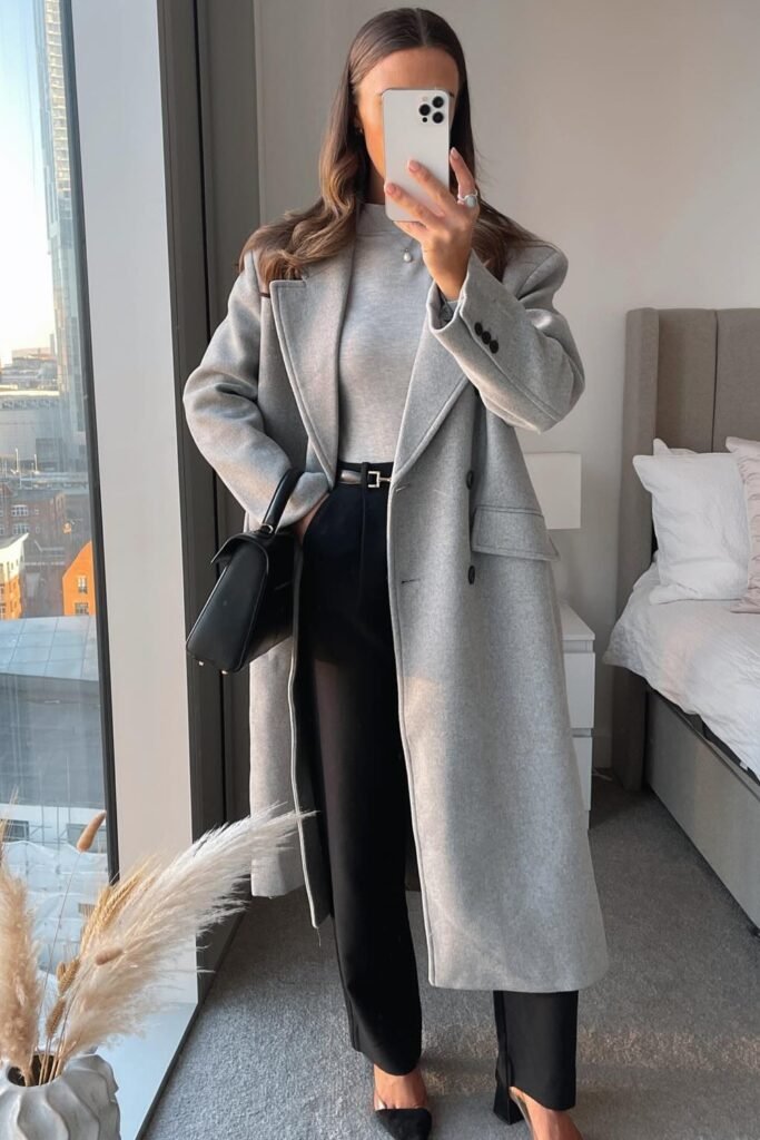 Gray Long Coat + Gray Turtleneck + Black Wide-Leg Trousers