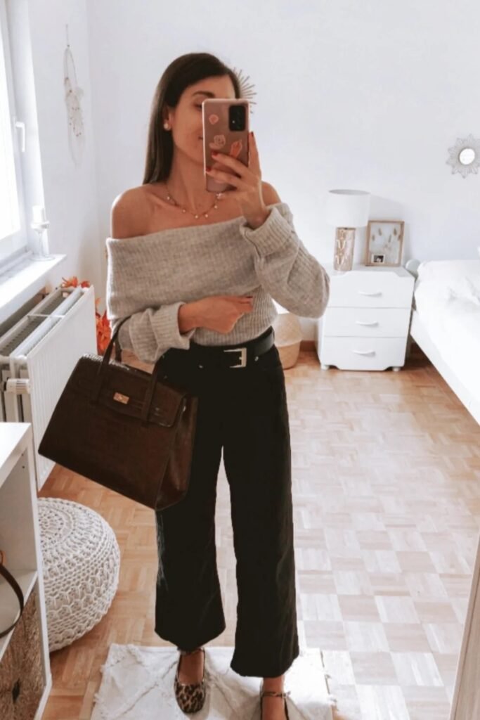 Gray Off-the-Shoulder Sweater + Black Cropped Wide-Leg Trousers + Black Belt + Leopard Print Loafer Heels + Brown Croc-Effect Tote Bag