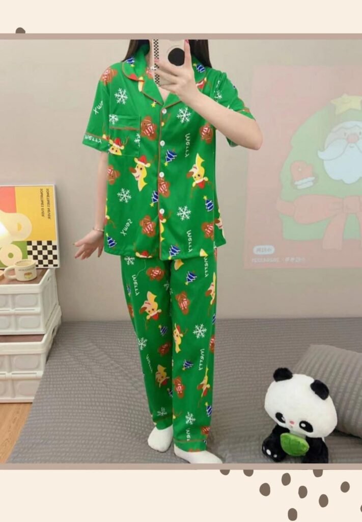 Green Christmas Pattern Pajamas + White Socks