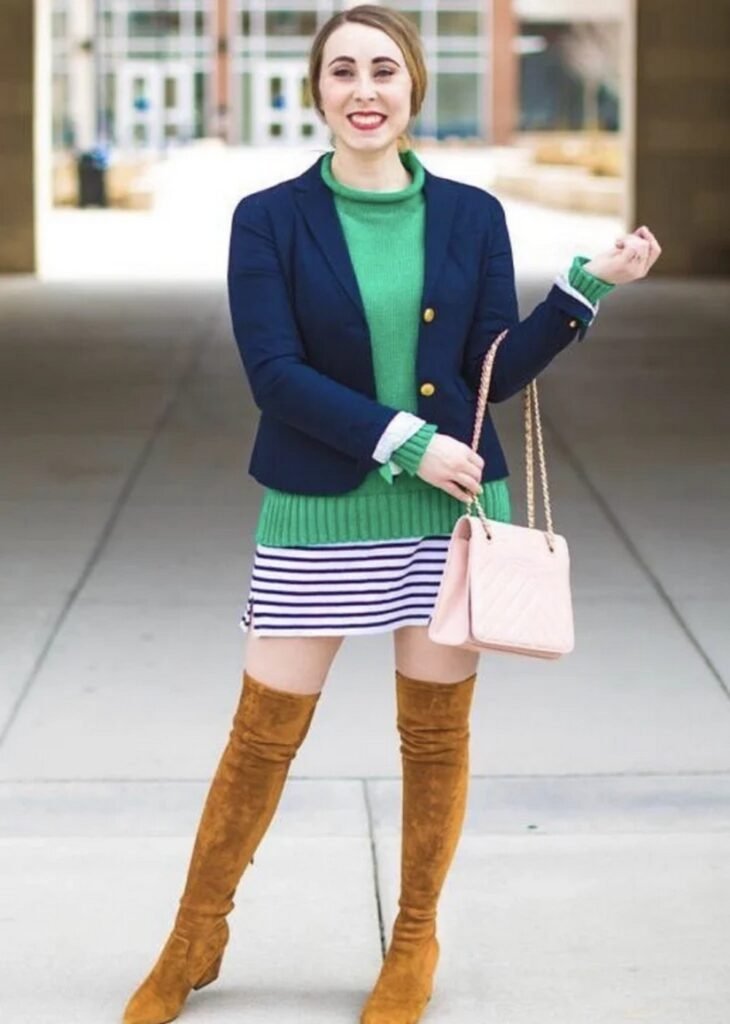Green Knit Sweater + Navy Blazer + Striped Skirt + Brown Over-the-Knee Boots