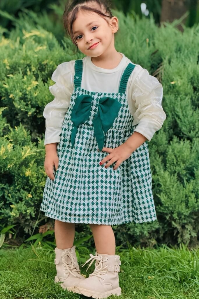 Green Patterned Pinafore Dress + White Puff-Sleeve Top + Beige Boots
