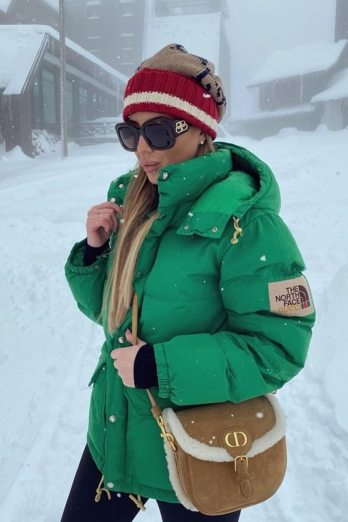 Green Puffer Jacket (The North Face x Gucci) + Red and Tan Logo Beanie + Tan and Cream Crossbody Bag