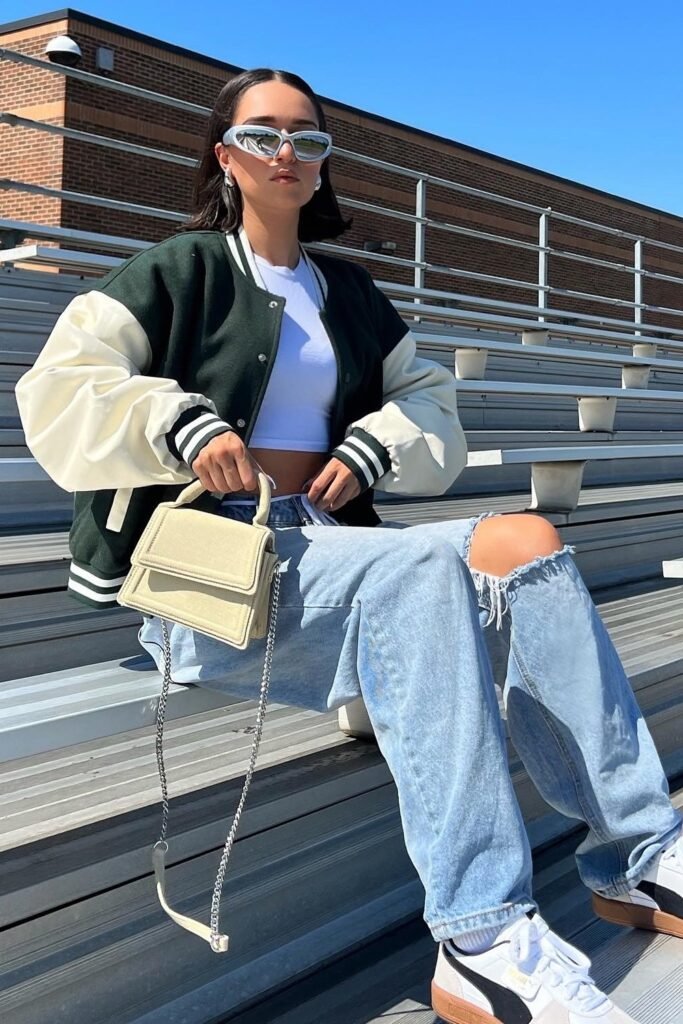 Green and White Varsity Jacket + Ripped Baggy Jeans + White Crop Top
