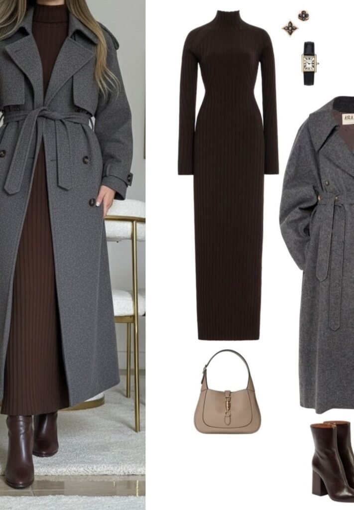 Grey Belted Trench Coat + Brown Ribbed Knit Maxi Dress + Brown Ankle Boots + Beige Shoulder Bag