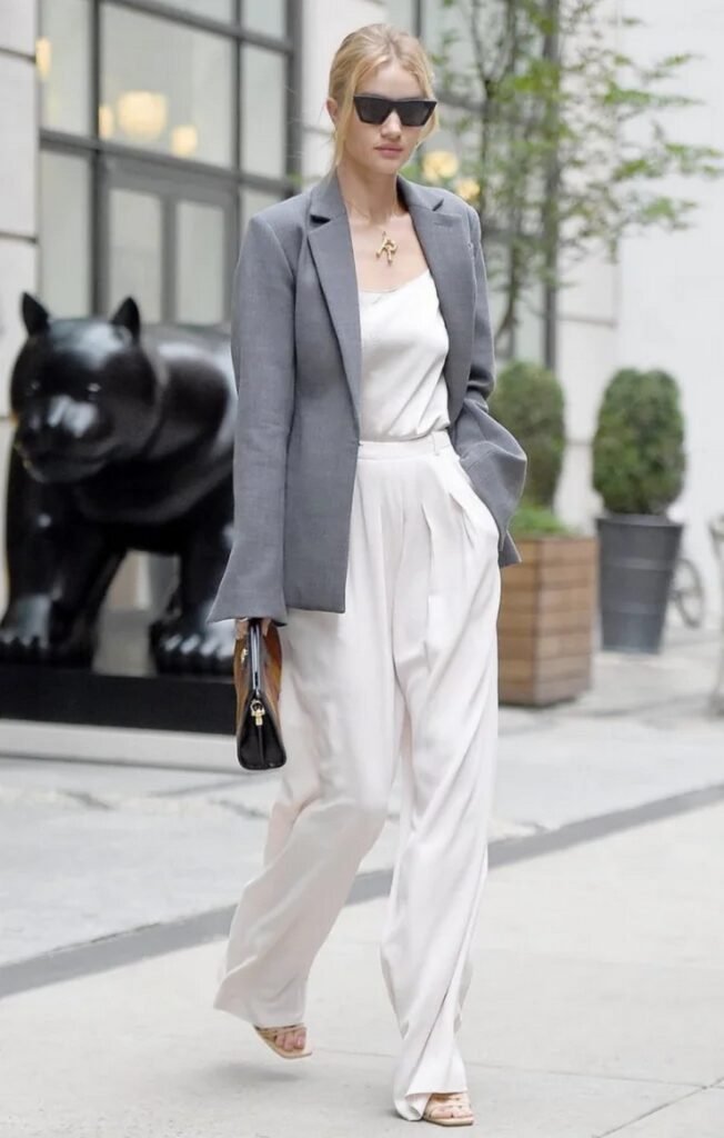 Grey Blazer + White Satin Top + Cream Wide-Leg Trousers