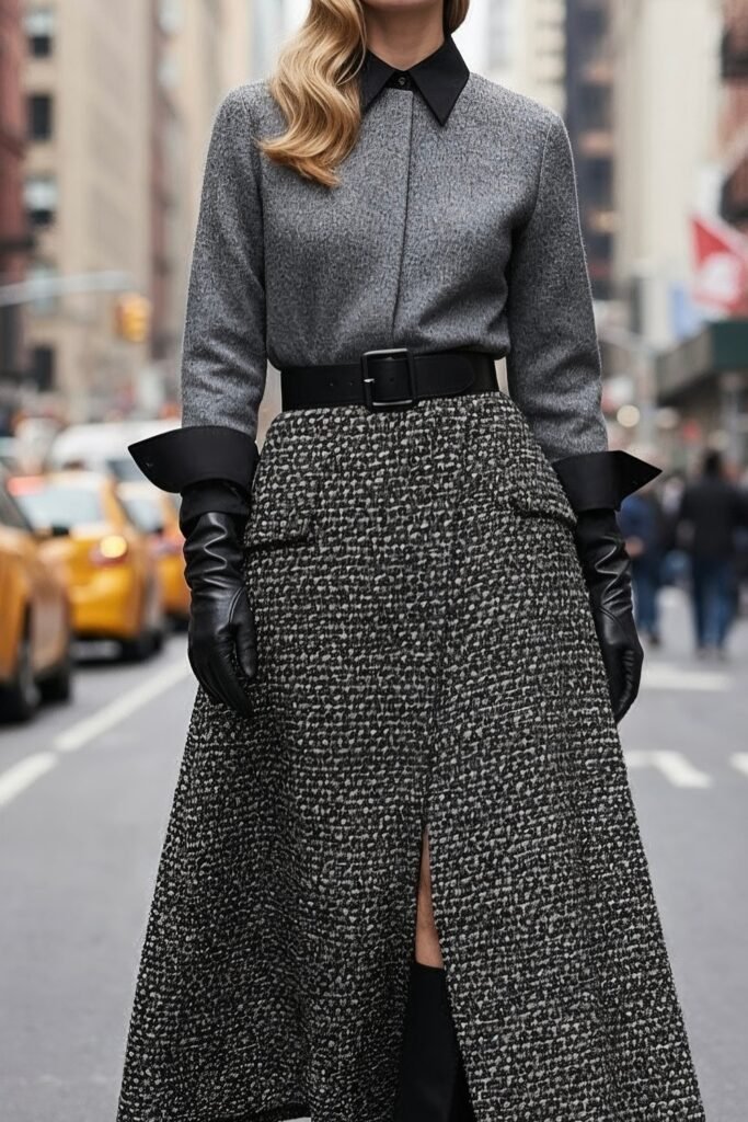 Grey Button Shirt with Black Collar + Tweed Maxi Skirt + Black Waist Belt + Black Gloves