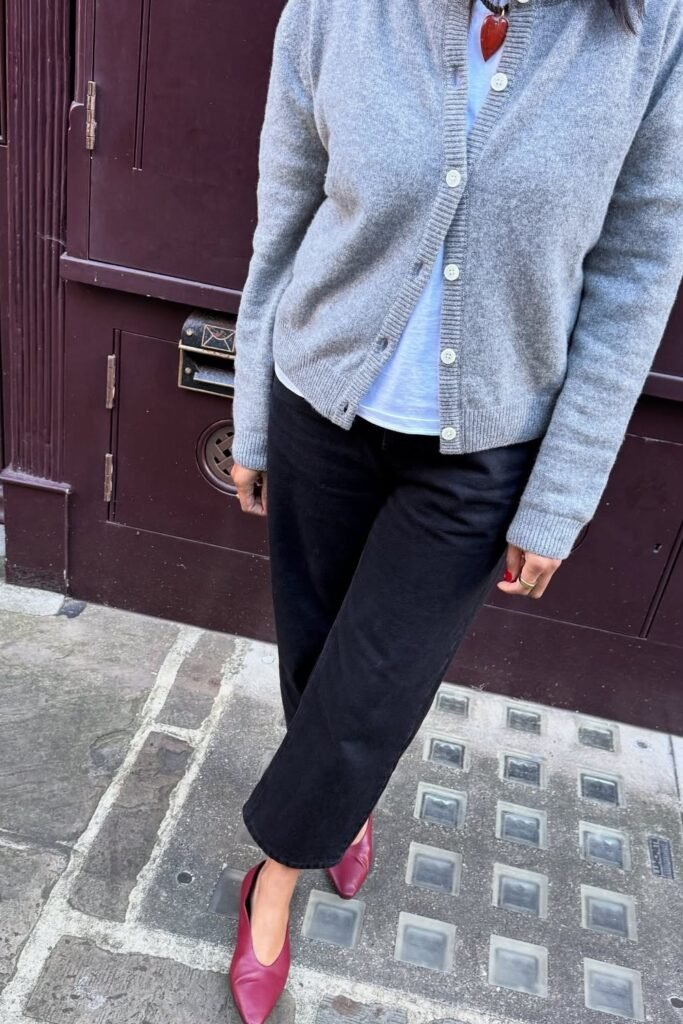 Grey Cardigan + White T-Shirt + Black Straight-Leg Jeans + Magenta Flats
