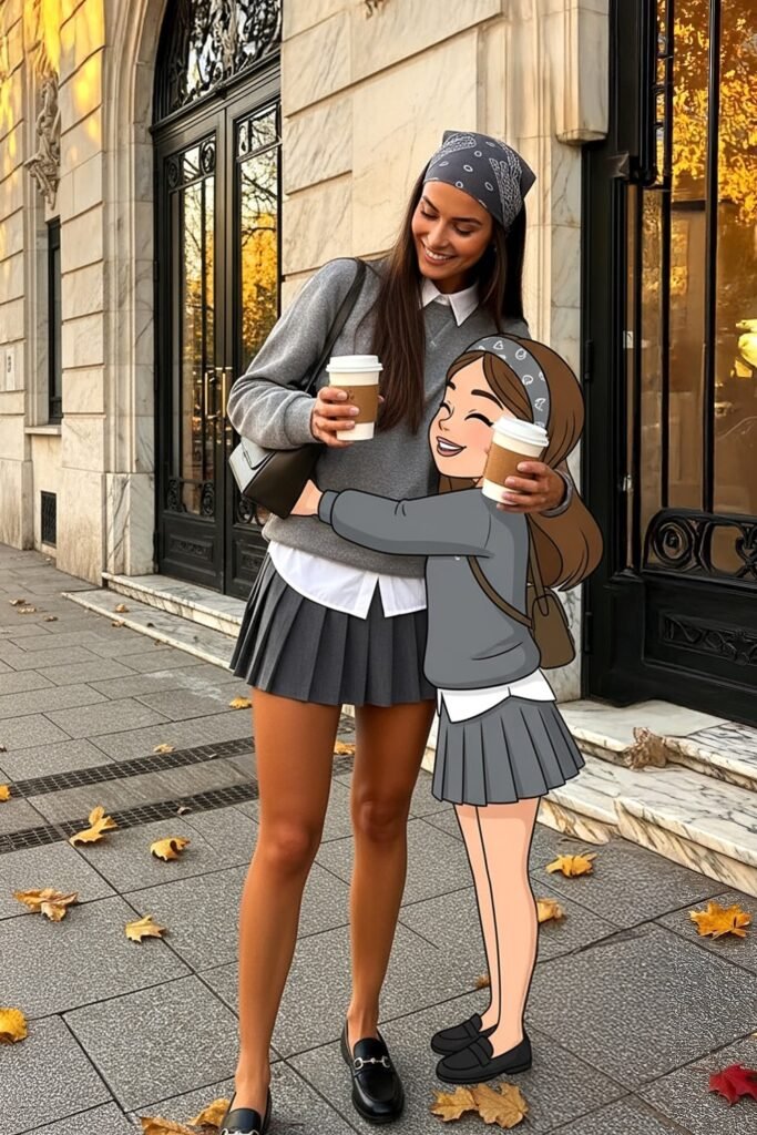 Grey Crewneck Sweater over White Button-Down Shirt + Grey Pleated Mini Skirt + Black Loafers with Bandana Headband