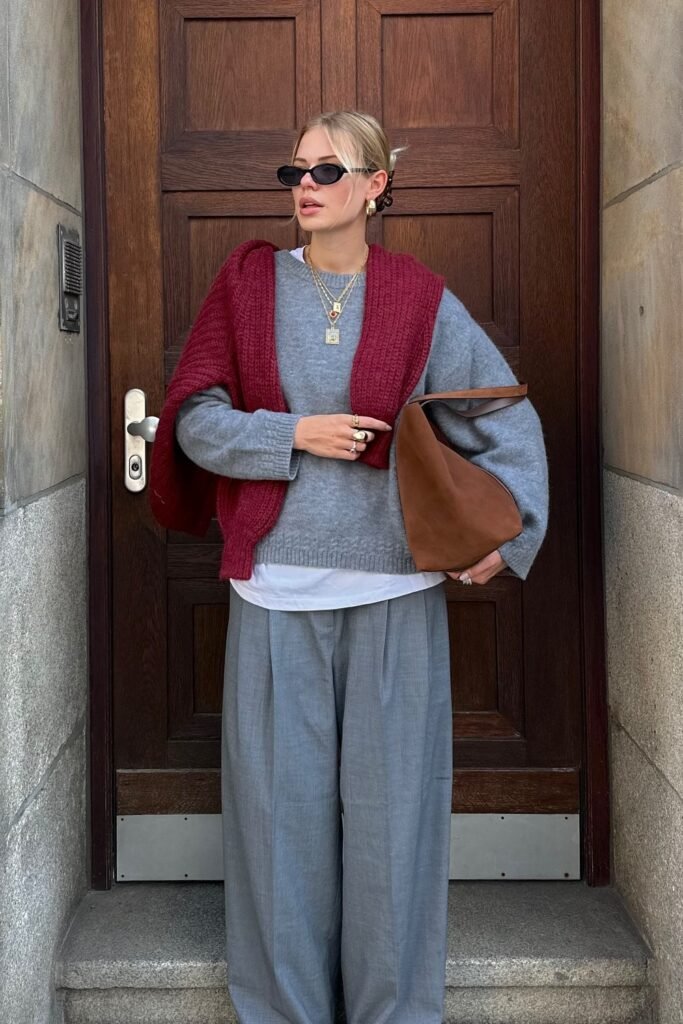 Grey Crewneck Sweater over White Tee + Red Sweater draped over shoulders + Grey Wide-Leg Trousers