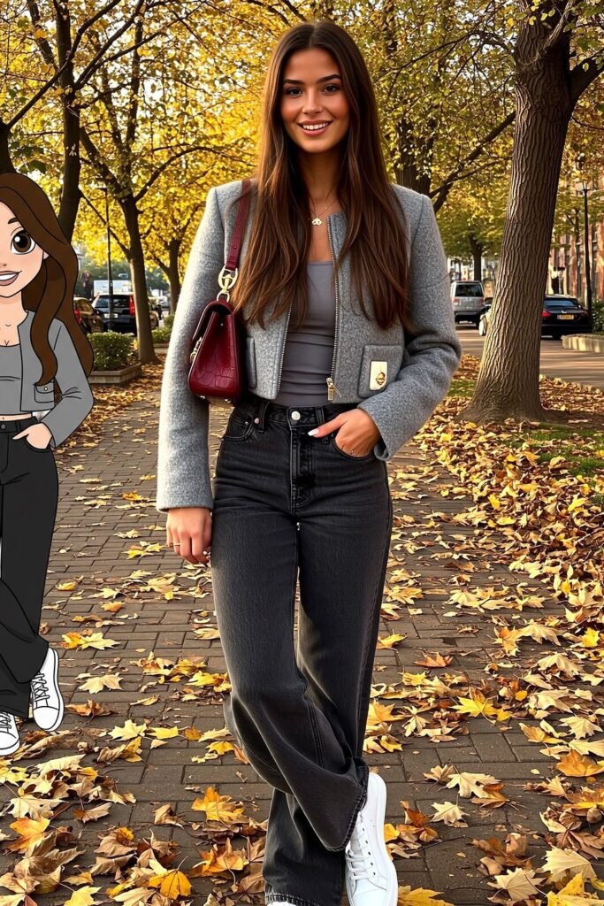 Grey Cropped Wool Jacket + Grey Tank Top + Washed Black Wide-Leg Jeans + White Sneakers