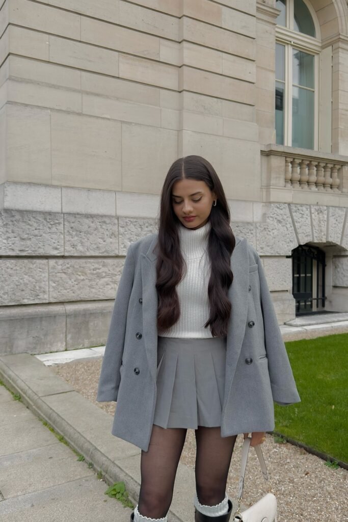 Grey Plaid Oversized Blazer + White Turtleneck + Grey Skirt + Silver Earrings