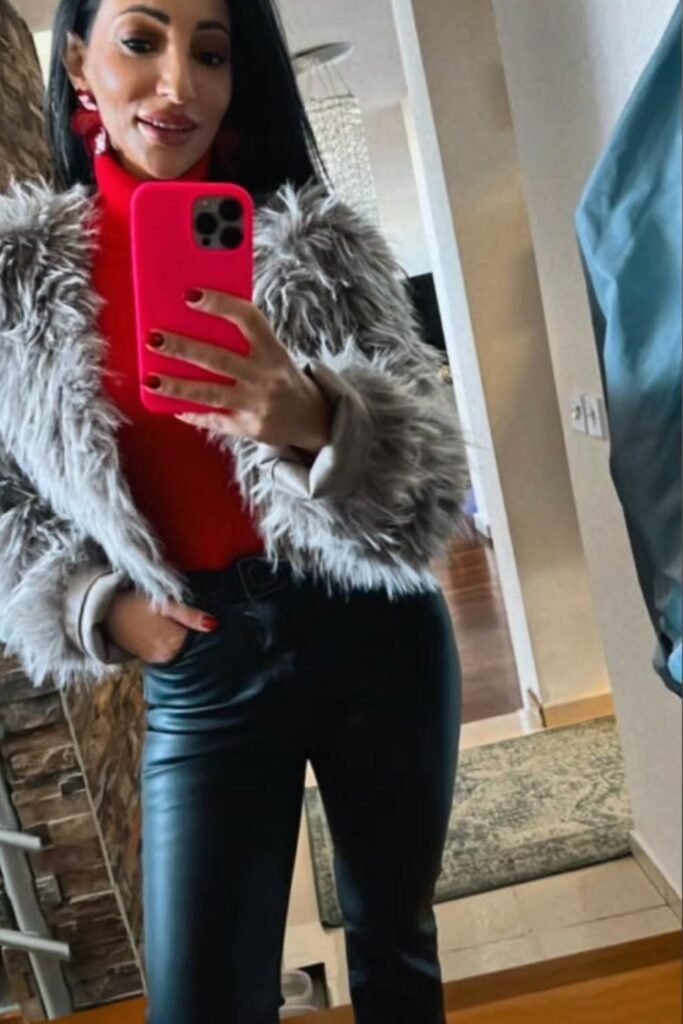 Grey Faux Fur Jacket + Red Turtleneck + Black Faux Leather Pants