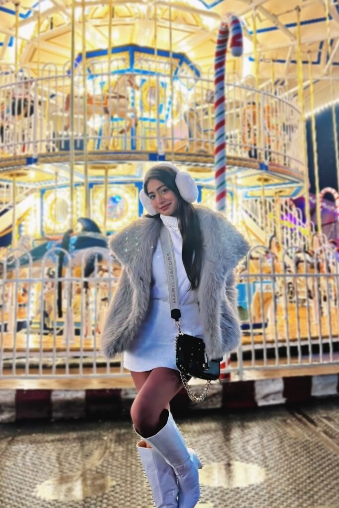 Grey Faux Fur Jacket + White Mini Dress + White Knee-High Boots