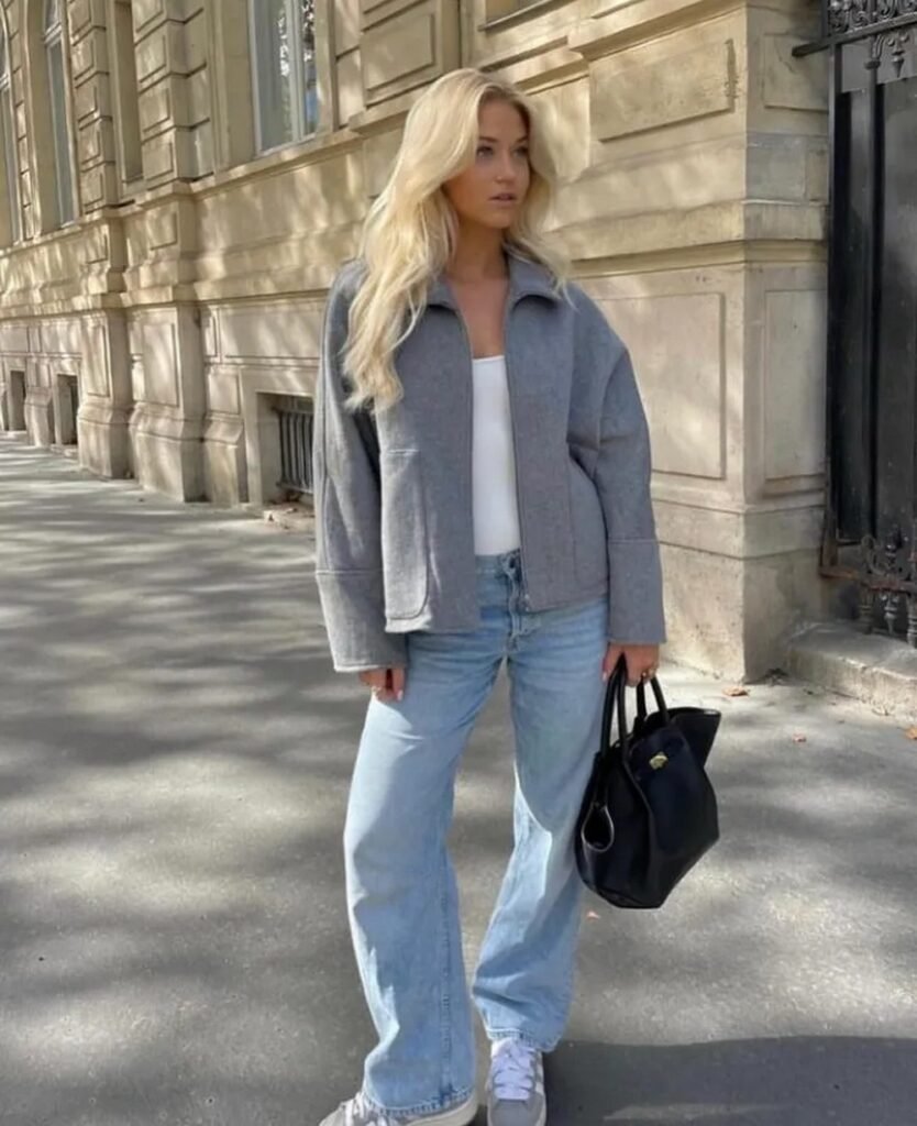 Grey Felt Jacket + White Tank Top + Light Wash Wide-Leg Jeans + White Sneakers