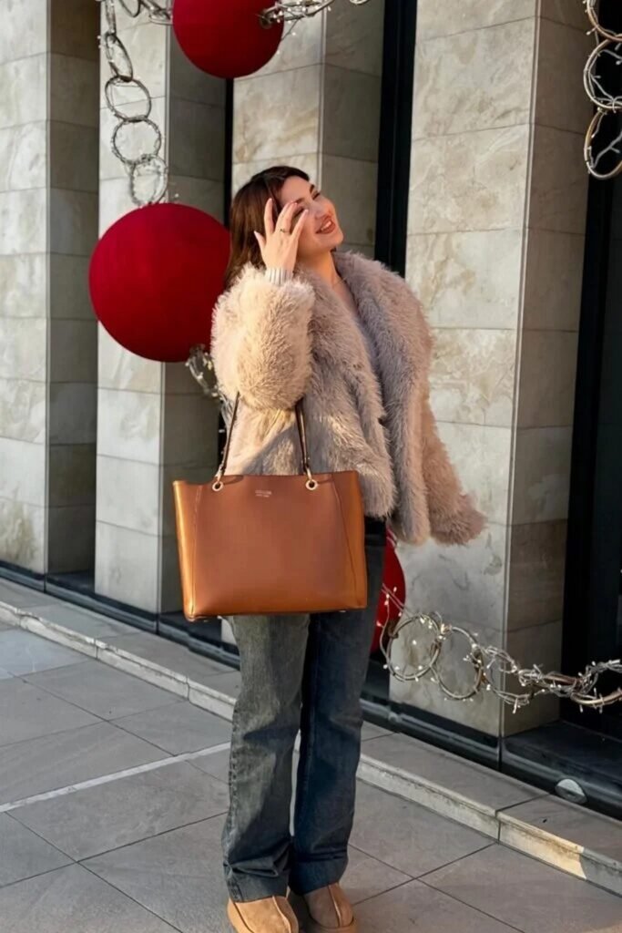 Grey Fur Jacket + Dark Grey Flared Jeans + Tan Boots + Brown Leather Tote Bag