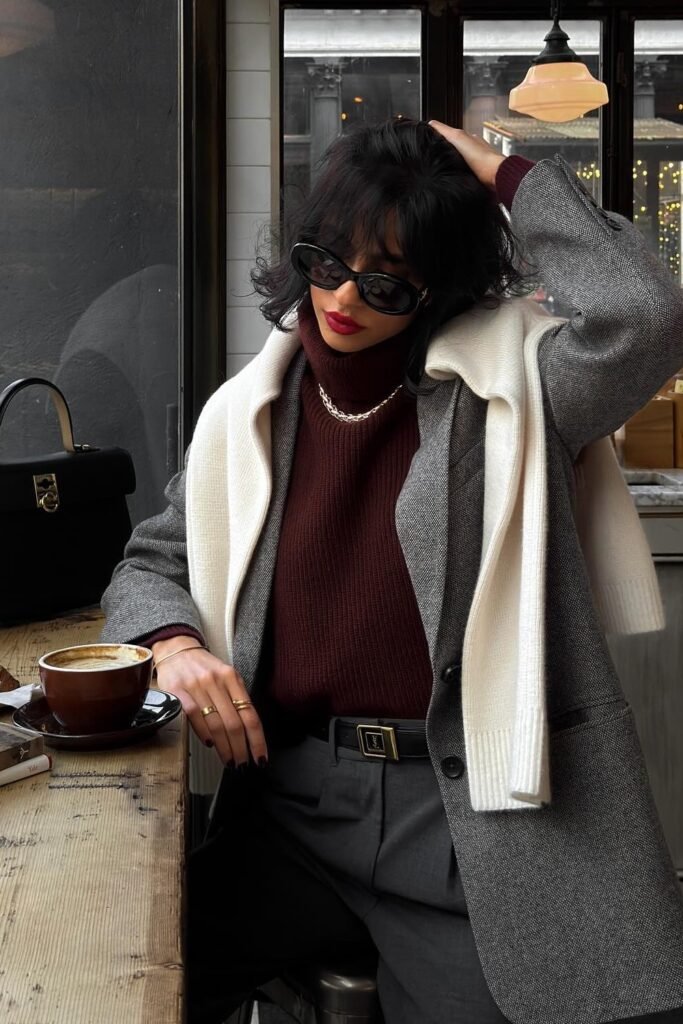 Grey Herringbone Coat + Burgundy Turtleneck Sweater + Grey Trousers + White Knit Scarf