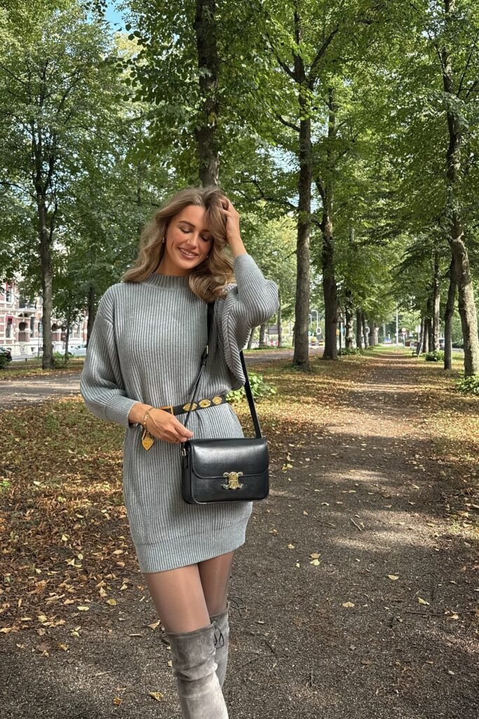Grey Knit Sweater Dress + Gold Buckle Belt + Grey Suede Over-the-Knee Boots + Black Crossbody Bag