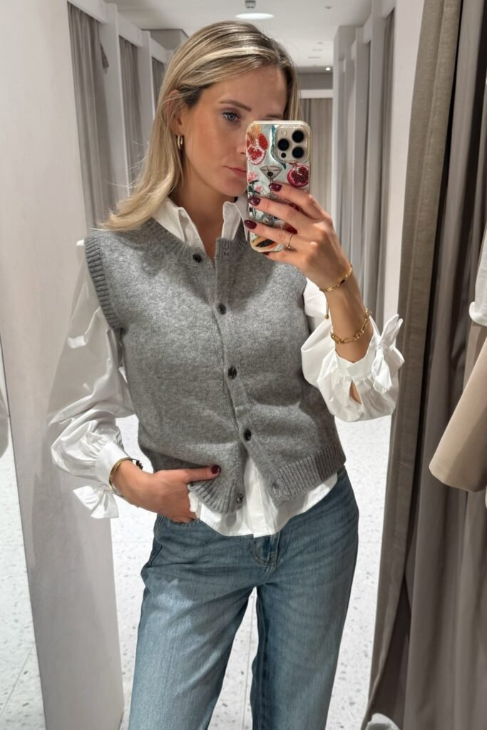 Grey Knit Vest + White Button-Down Shirt + Light Wash Jeans