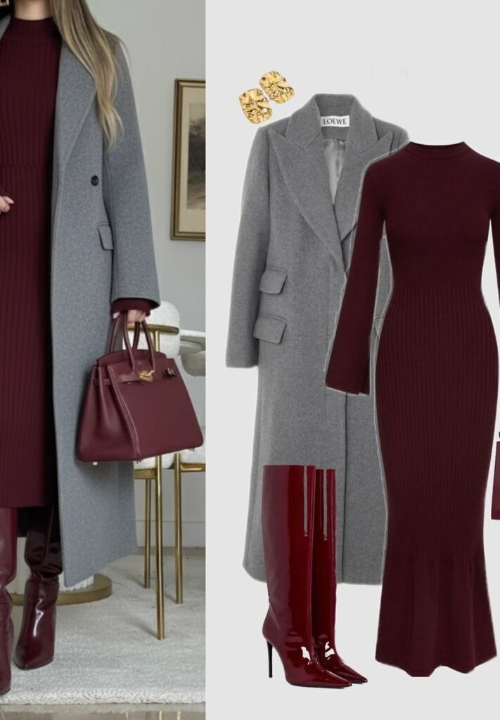 Grey Long Coat + Burgundy Ribbed Midi Dress + Burgundy Patent Knee Boots + Burgundy Structured Bag
