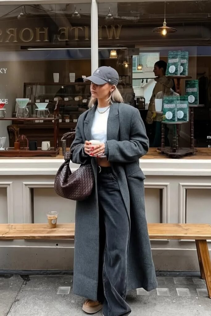 Grey Long Coat + White Crop Top + Black Wide-Leg Pants + Beige Sneakers + Grey Cap + Brown Woven Bag