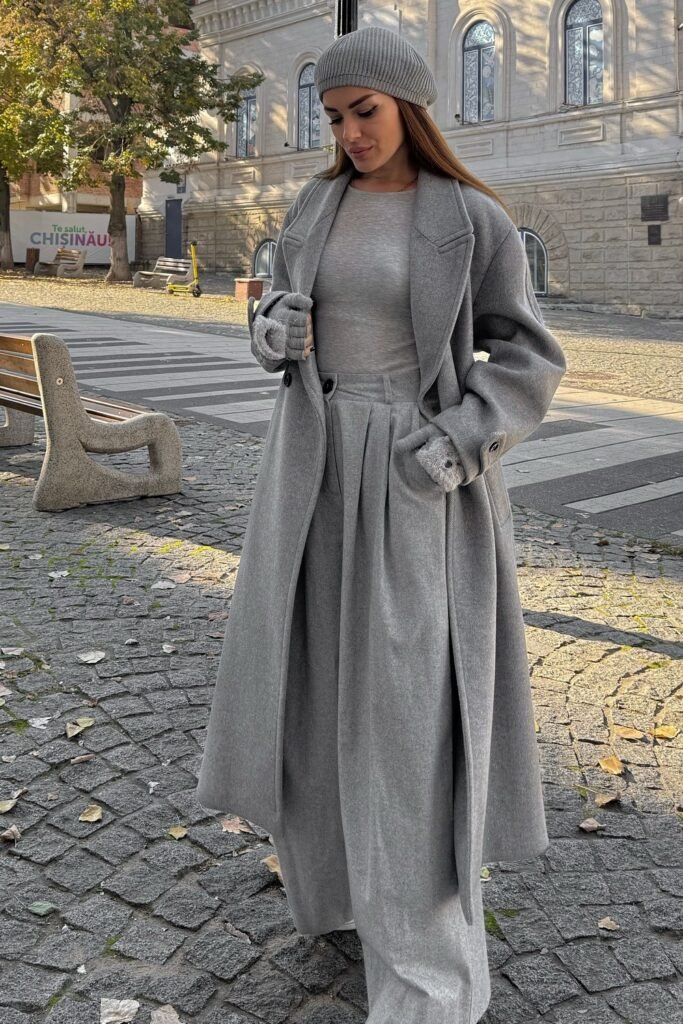 Grey Long Wool Coat + Grey Long Sleeve Top + Grey Wide-Leg Trousers + Grey Knit Beanie