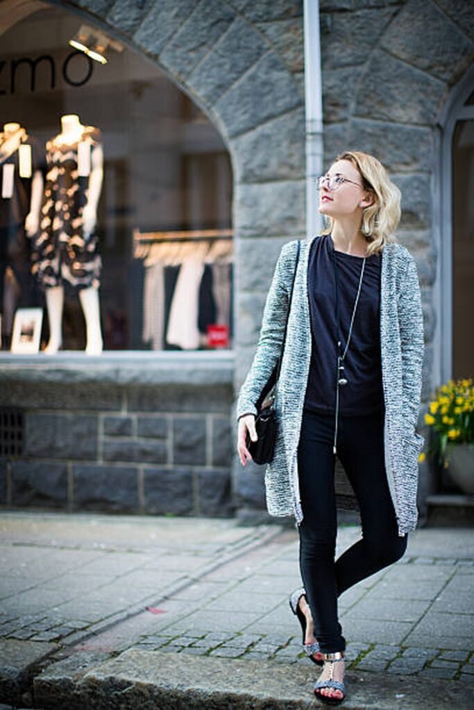 Grey Marl Cardigan + Black Top + Black Skinny Jeans + Black Sandals