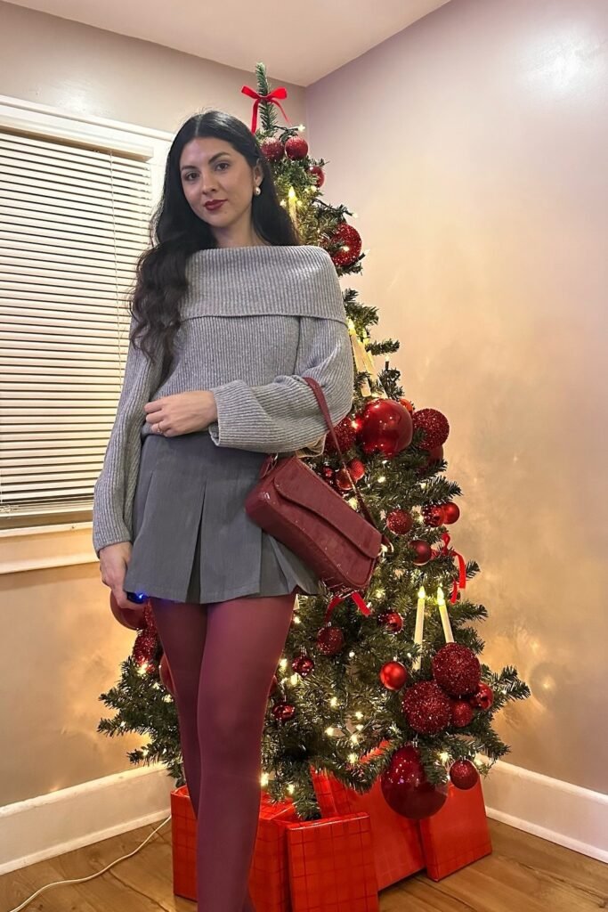 Grey Off-the-Shoulder Sweater + Grey Pleated Mini Skirt + Burgundy Tights + Red Croc-Effect Shoulder Bag