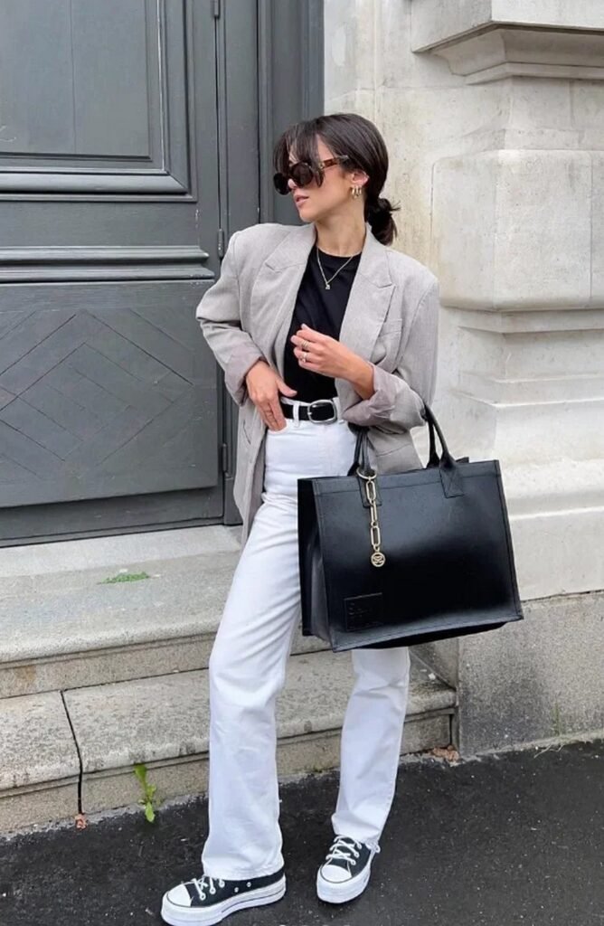 Grey Oversized Blazer + Black T-Shirt + White Straight-Leg Jeans + Black Converse Sneakers
