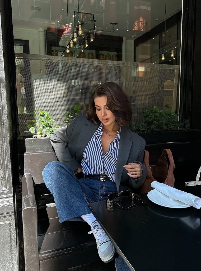 Grey Oversized Blazer + Blue and White Striped Shirt + Blue Cropped Jeans + Grey Sneakers with White Socks