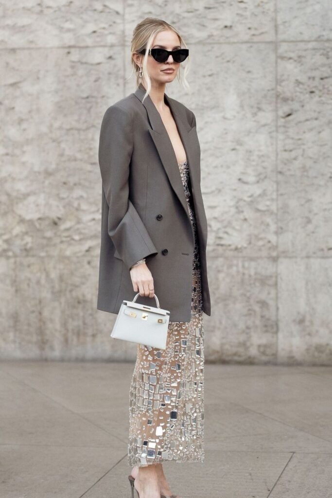 Grey Oversized Blazer + Silver Embellished Maxi Dress + Grey Heels + Small White Handbag