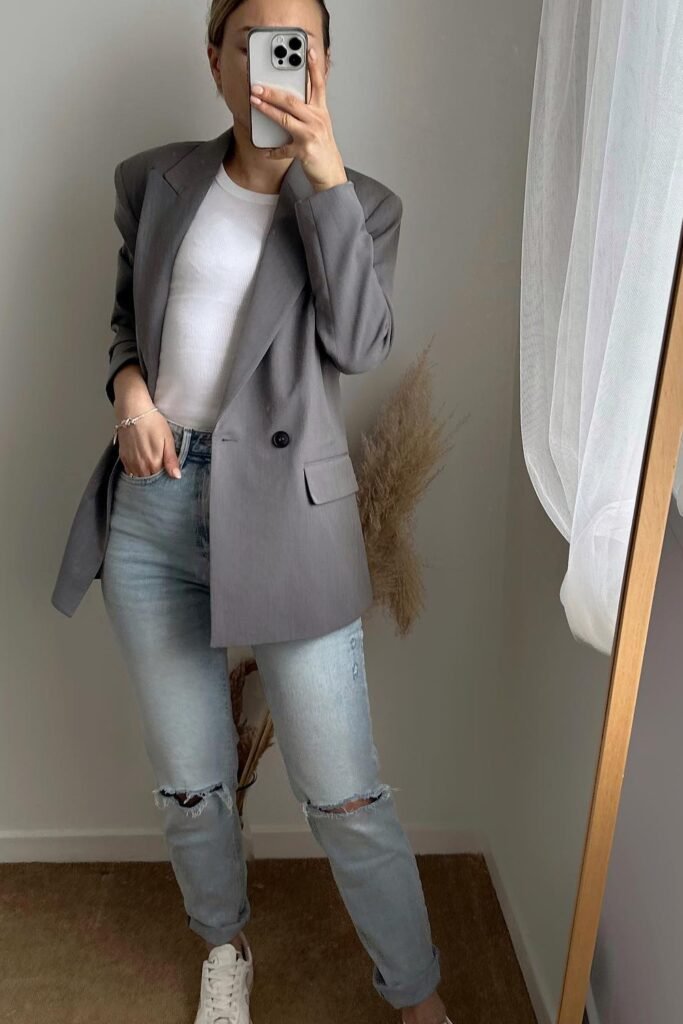 Grey Oversized Blazer + White Ribbed Tank Top + Ripped Light Wash Straight Jeans + White Sneakers