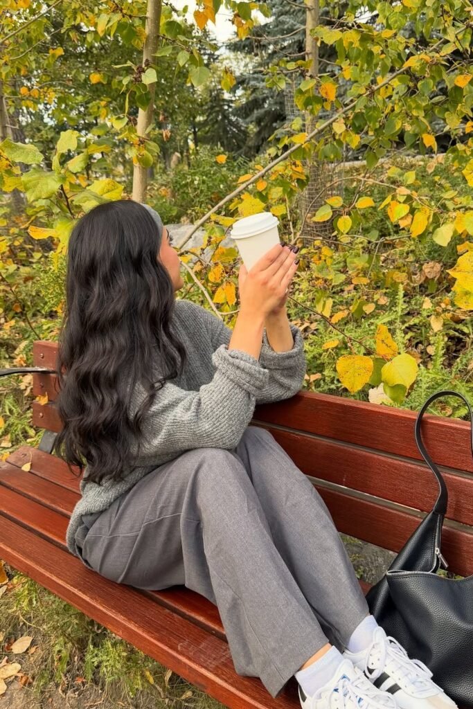 Grey Oversized Knit Sweater + Grey Wide-Leg Trousers + White and Black Sneakers