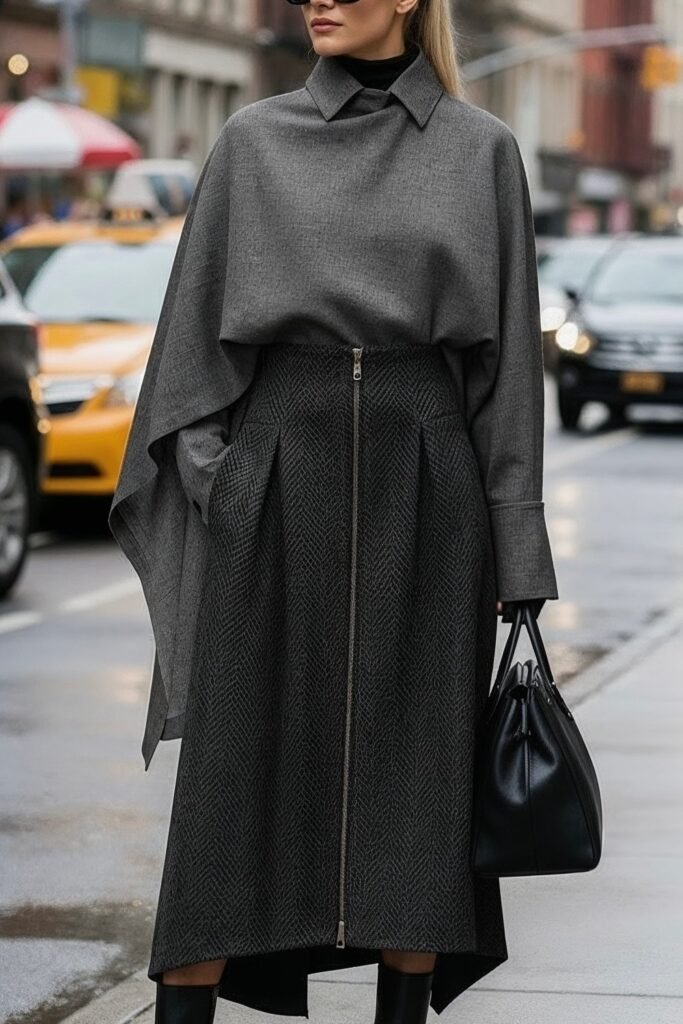 Grey Oversized Shirt + Charcoal Pleated Skirt + Black Boots + Black Structured Handbag