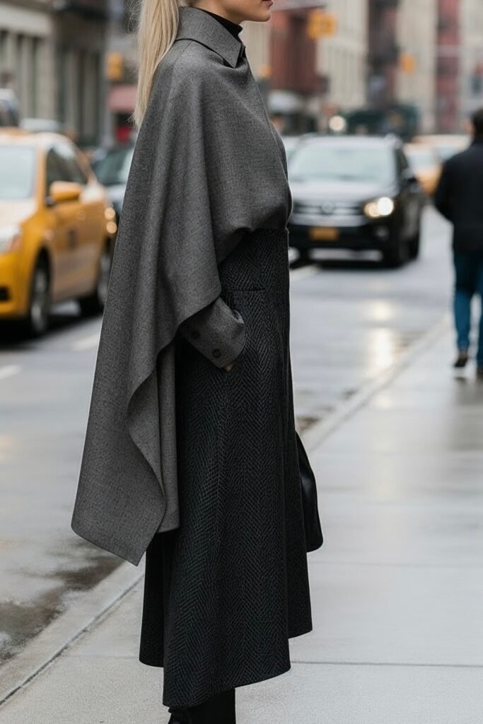 Grey Oversized Shirt + Charcoal Skirt + Black Boots + Black Handbag