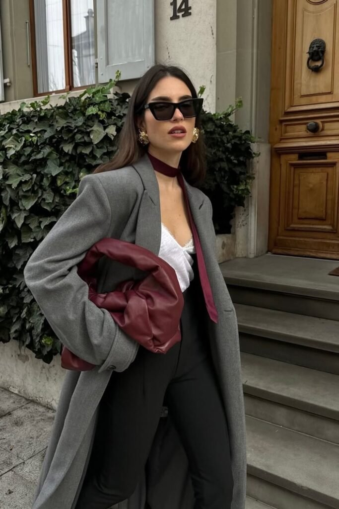 Grey Oversized Wool Coat + White Lace Camisole + Black Trousers + Burgundy Scarf + Burgundy Ruched Bag
