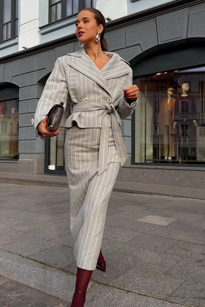 Grey Pinstripe Skirt Suit + Peplum Jacket + Red Ankle Boots