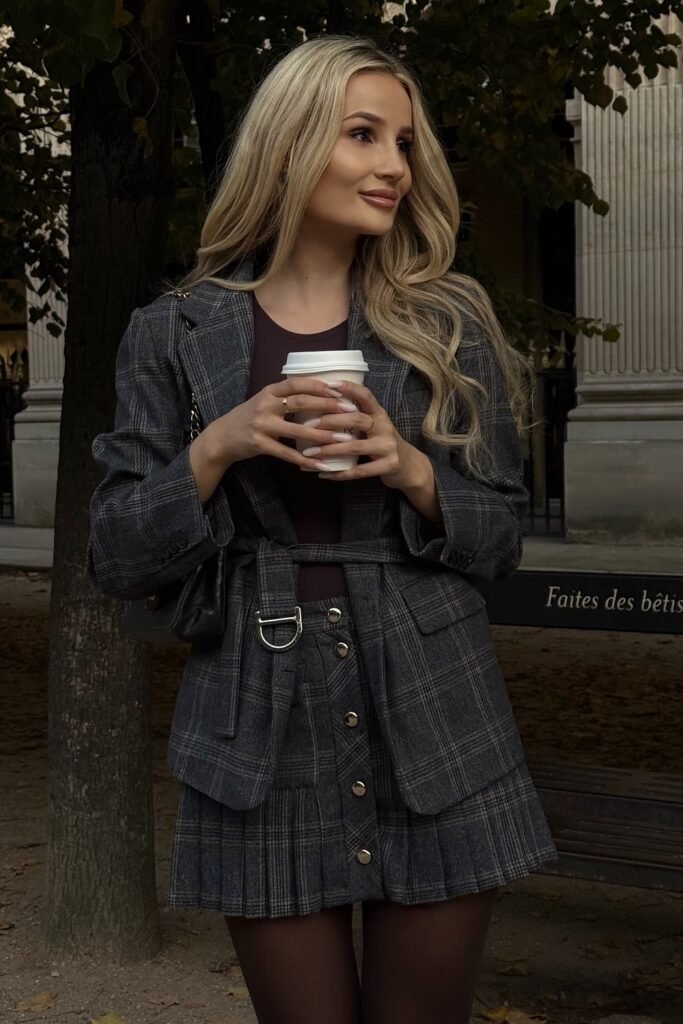 Grey Plaid Blazer-Skirt Set + Brown Bodysuit + Black Tights + Black Shoulder Bag