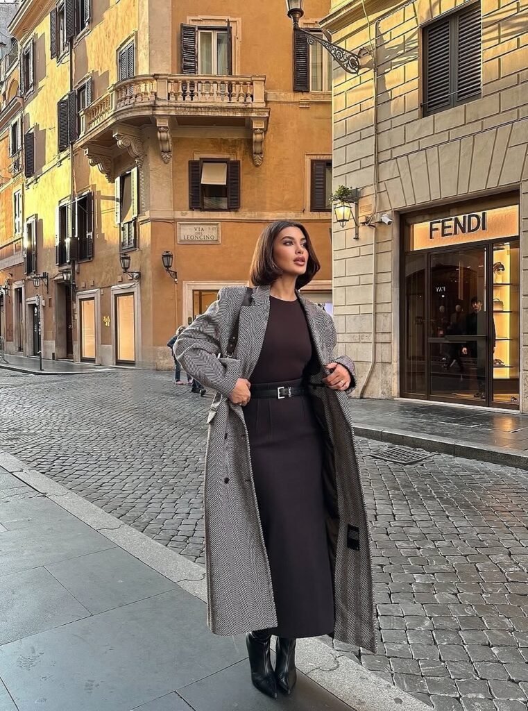 Grey Plaid Long Coat + Brown Fitted Top + Dark Brown Maxi Skirt + Black Ankle Boots