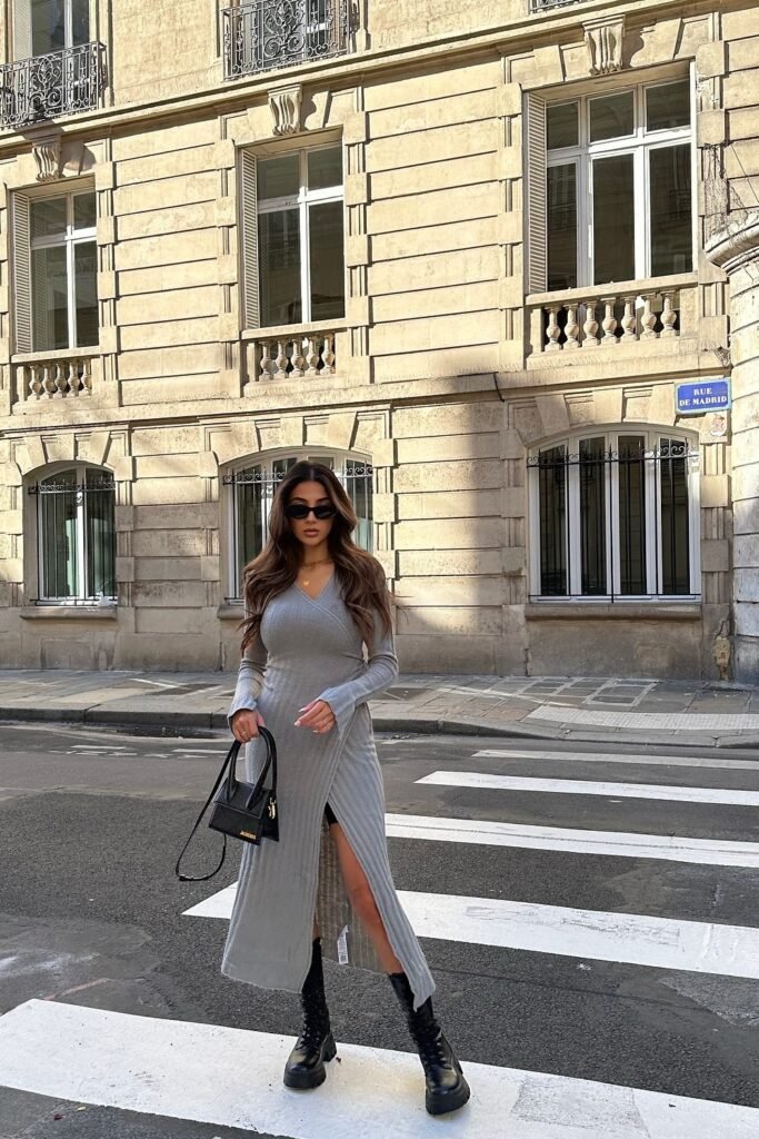 Grey Ribbed Knit Maxi Dress + Black Lace-Up Combat Boots + Black Structured Bag