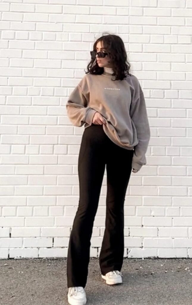 Grey Sweatshirt + Black Flared Pants + White Sneakers