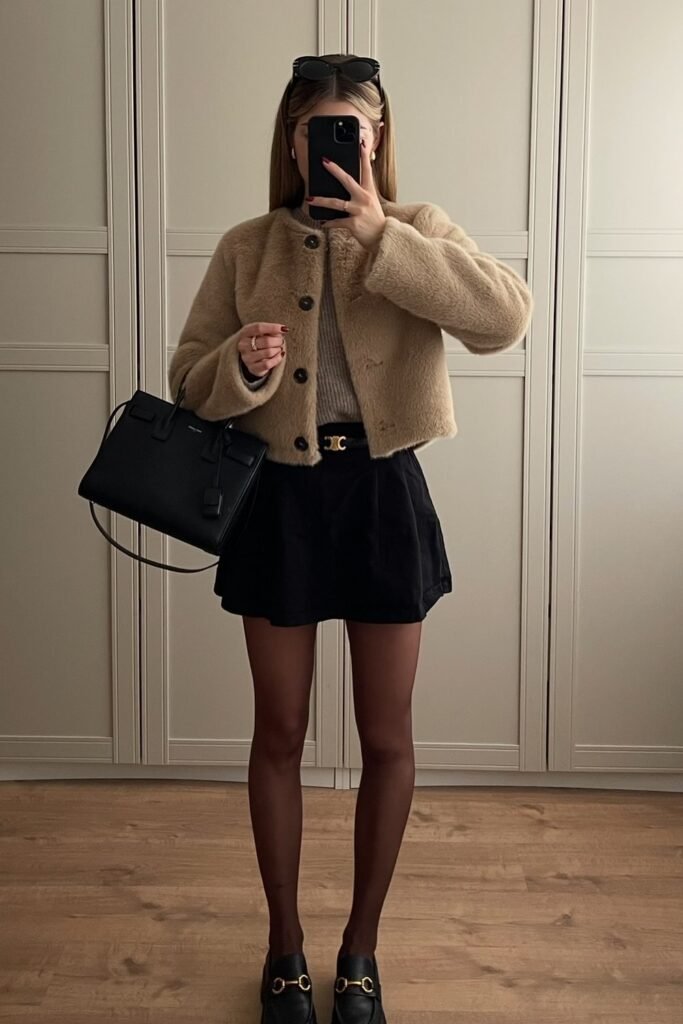 Grey Turtleneck + Black Mini Skirt + Beige Faux Fur Cropped Jacket + Horsebit Loafers