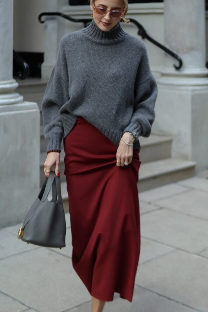Grey Turtleneck Sweater + Burgundy Satin Midi Skirt + Grey Handbag