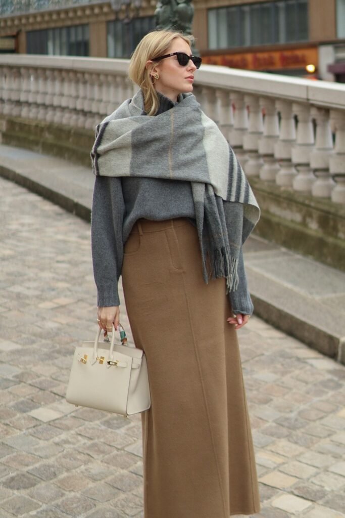 Grey Turtleneck Sweater + Grey Plaid Scarf + Tan Midi Skirt + White Handbag